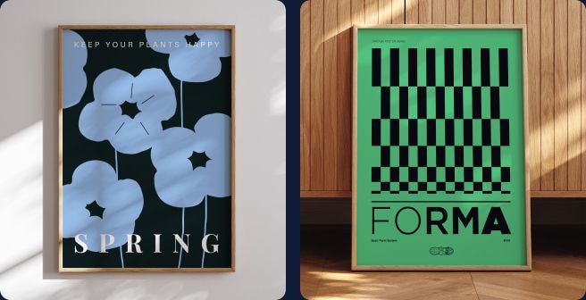 Två inramade posters med grafisk design i blått och grönt.
