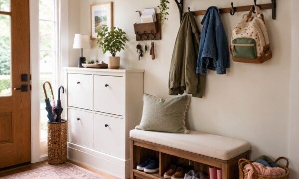 Välorganiserad hall med sittbänk, skoförvaring och klädkrokar