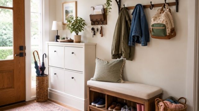 Välorganiserad hall med sittbänk, skoförvaring och klädkrokar
